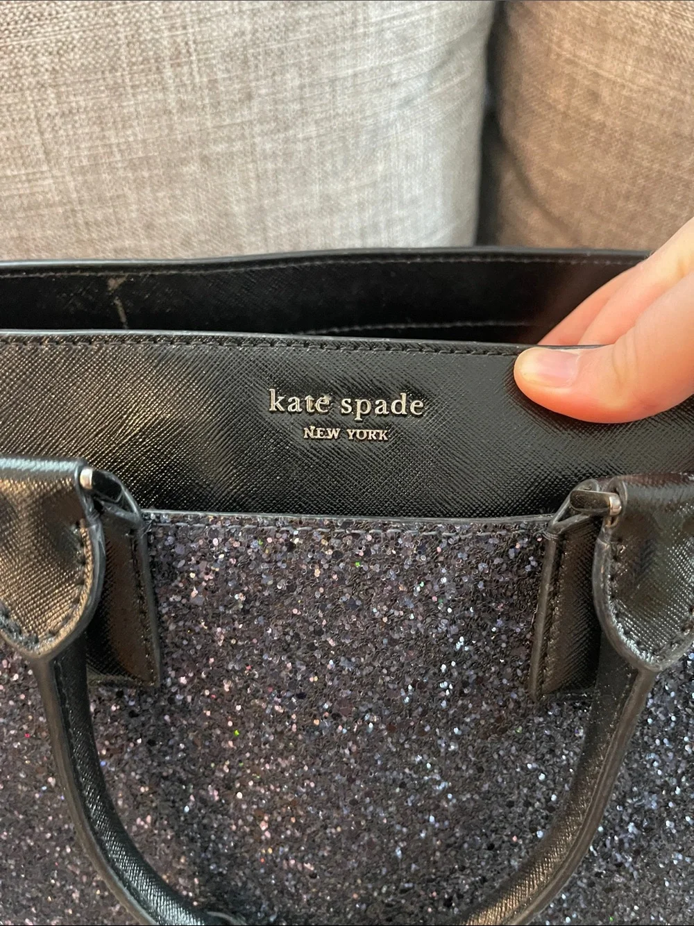 kate spade navy glitter satchel with black trim